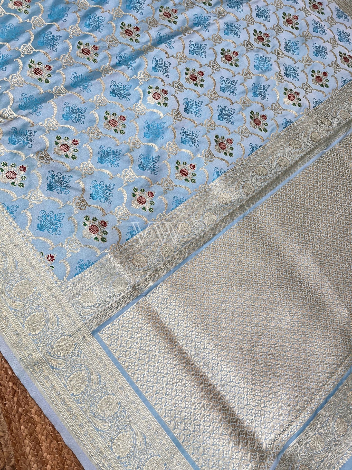 Sky Blue Tanchui Mashru Silk Banarasi Saree - Meenakari