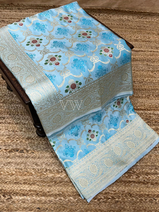 Sky Blue Tanchui Mashru Silk Banarasi Saree - Meenakari