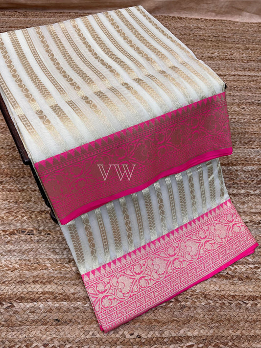 Dual Shade Kora Organza Silk Banarasi Saree - Stripes