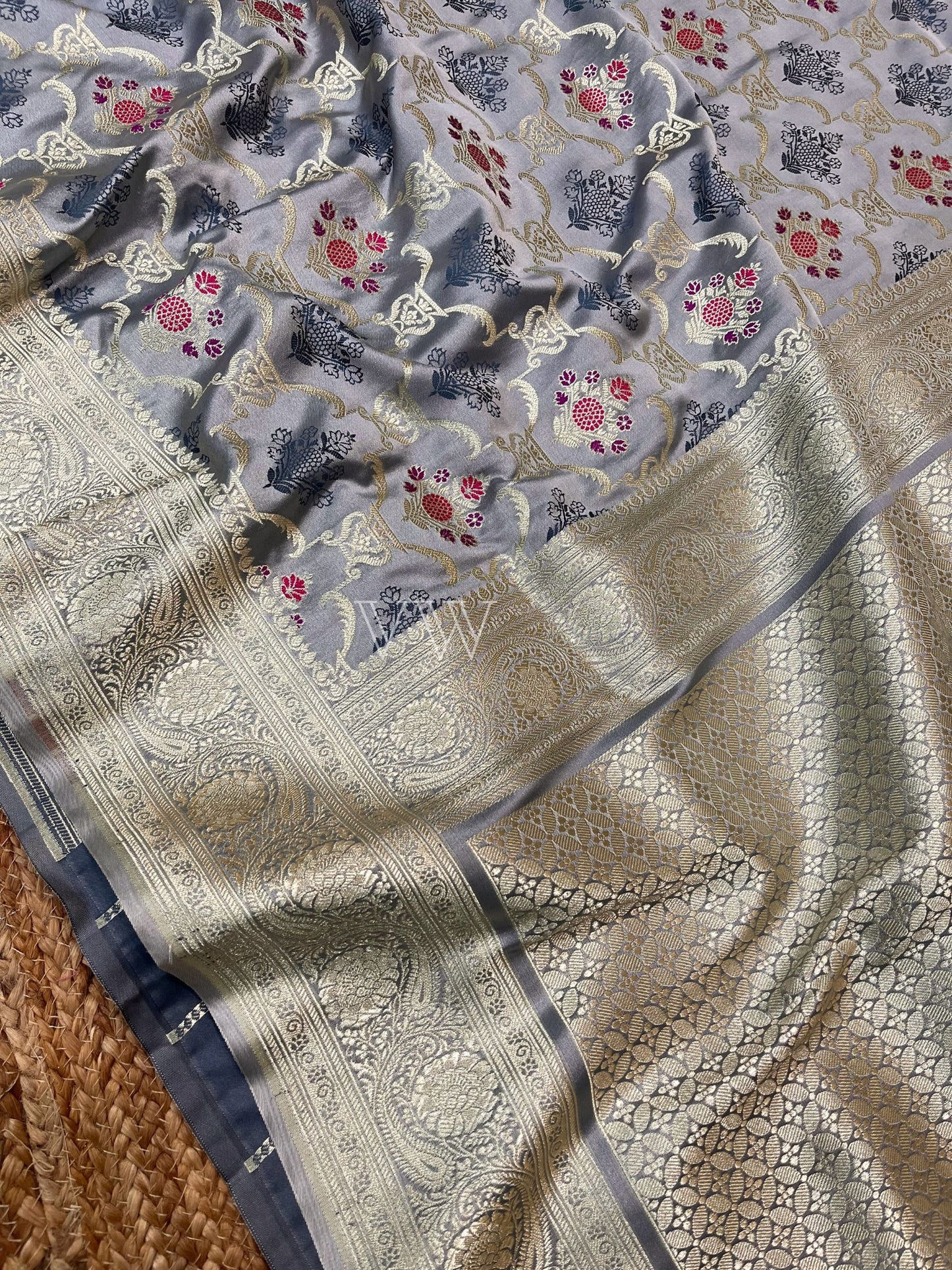 Grey Tanchui Mashru Silk Banarasi Saree - Meenakari