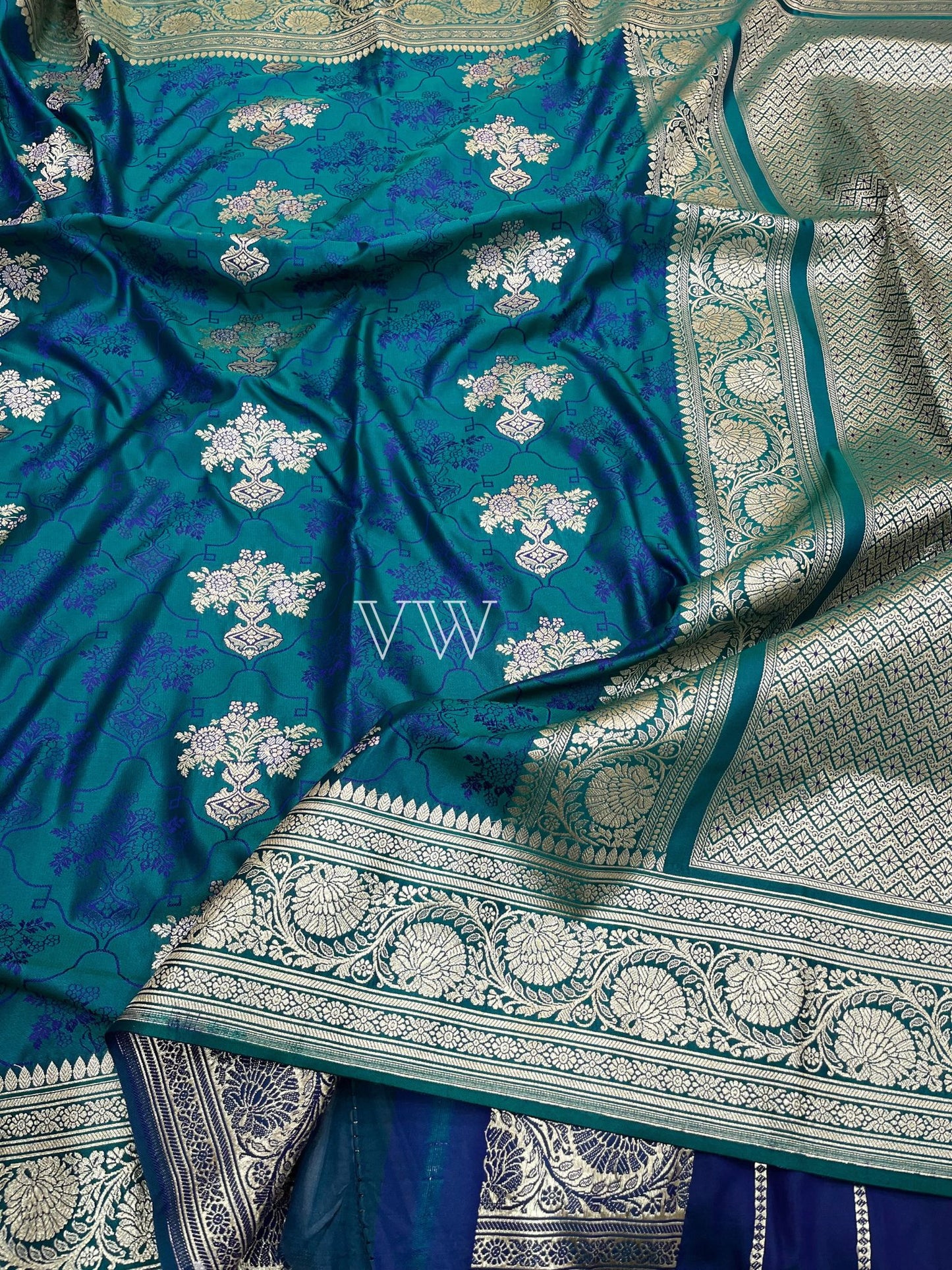 German Blue Tanchui Mashru Silk Banarasi Saree - Meenakari