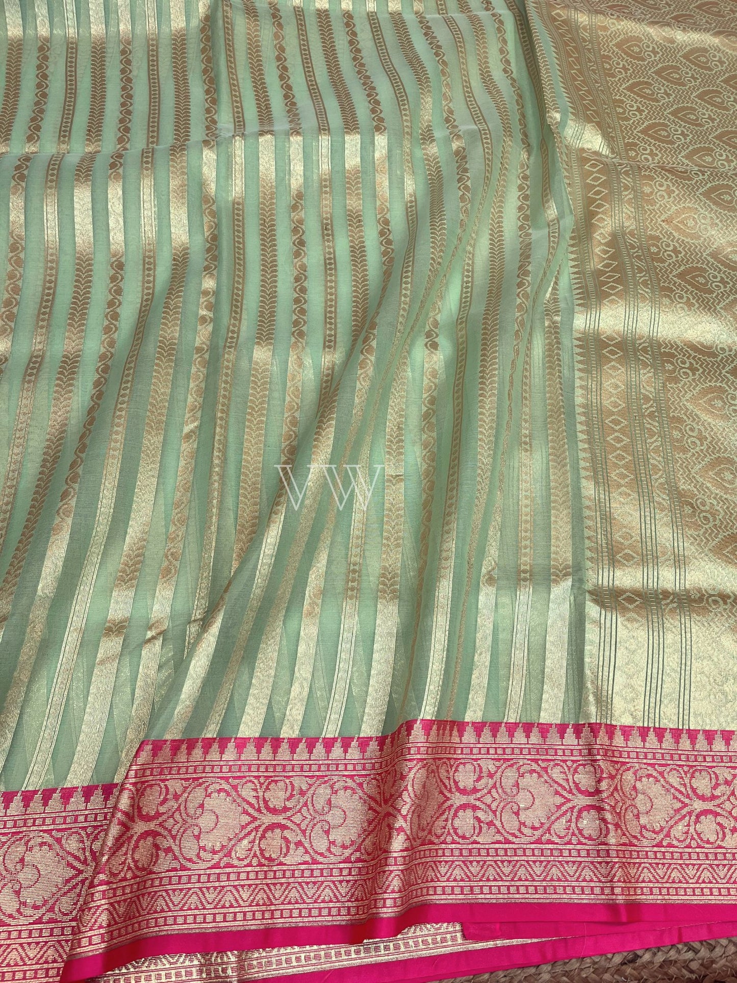 Dual Shade Kora Organza Silk Banarasi Saree - Stripes