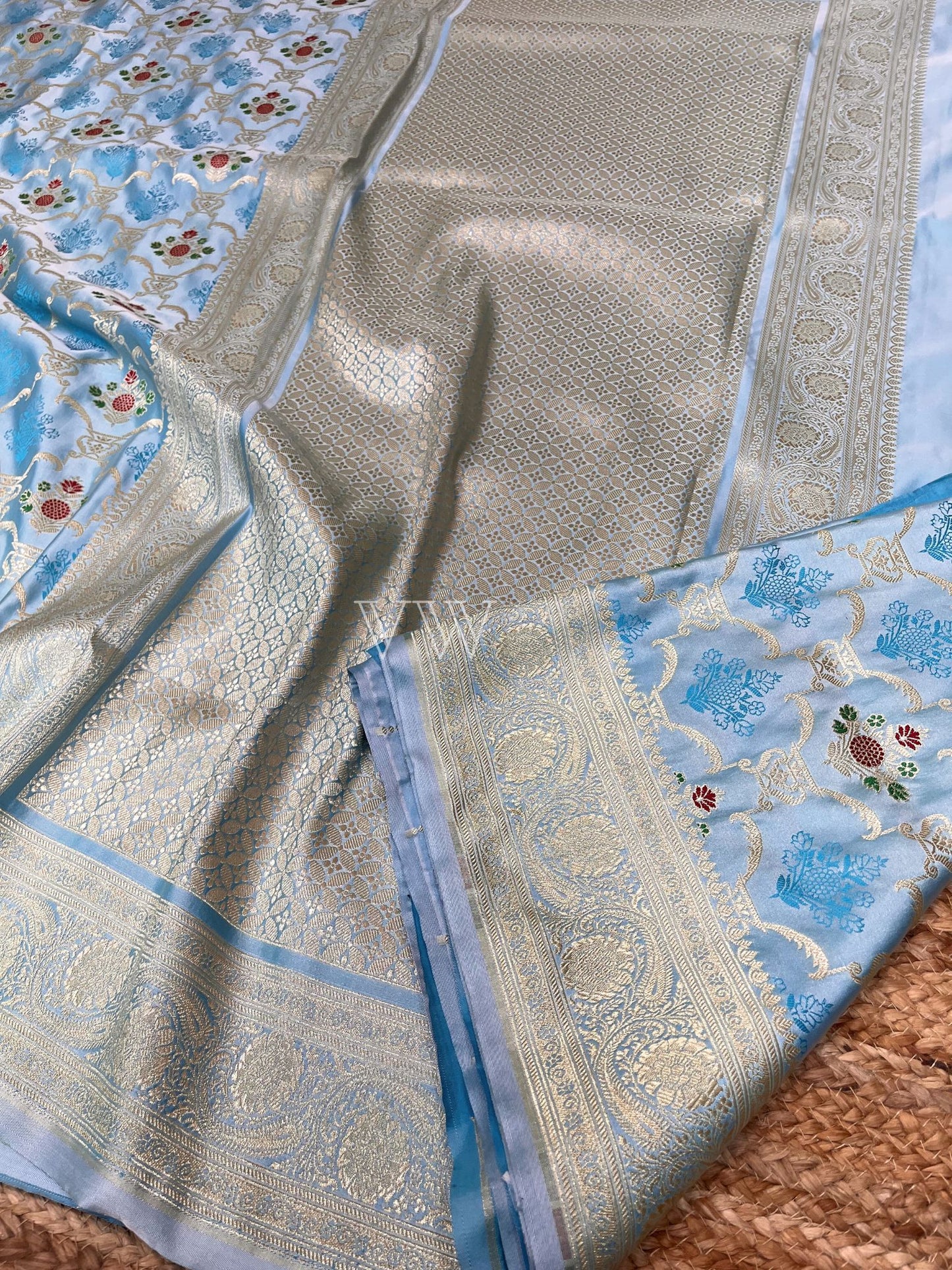 Sky Blue Tanchui Mashru Silk Banarasi Saree - Meenakari