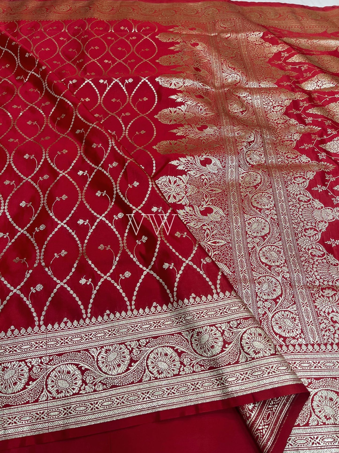 Red Mashru Satin Silk Banarasi Saree - Jaal work