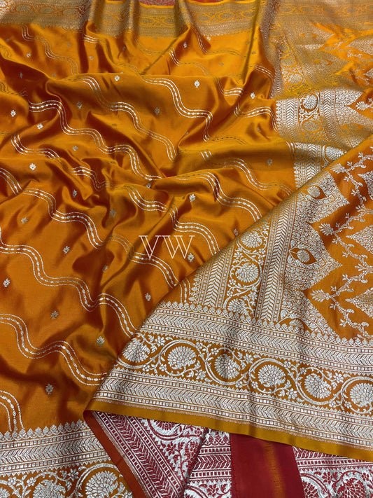 Mustard Yellow Mashru Satin Silk Banarasi Saree - Jaal work