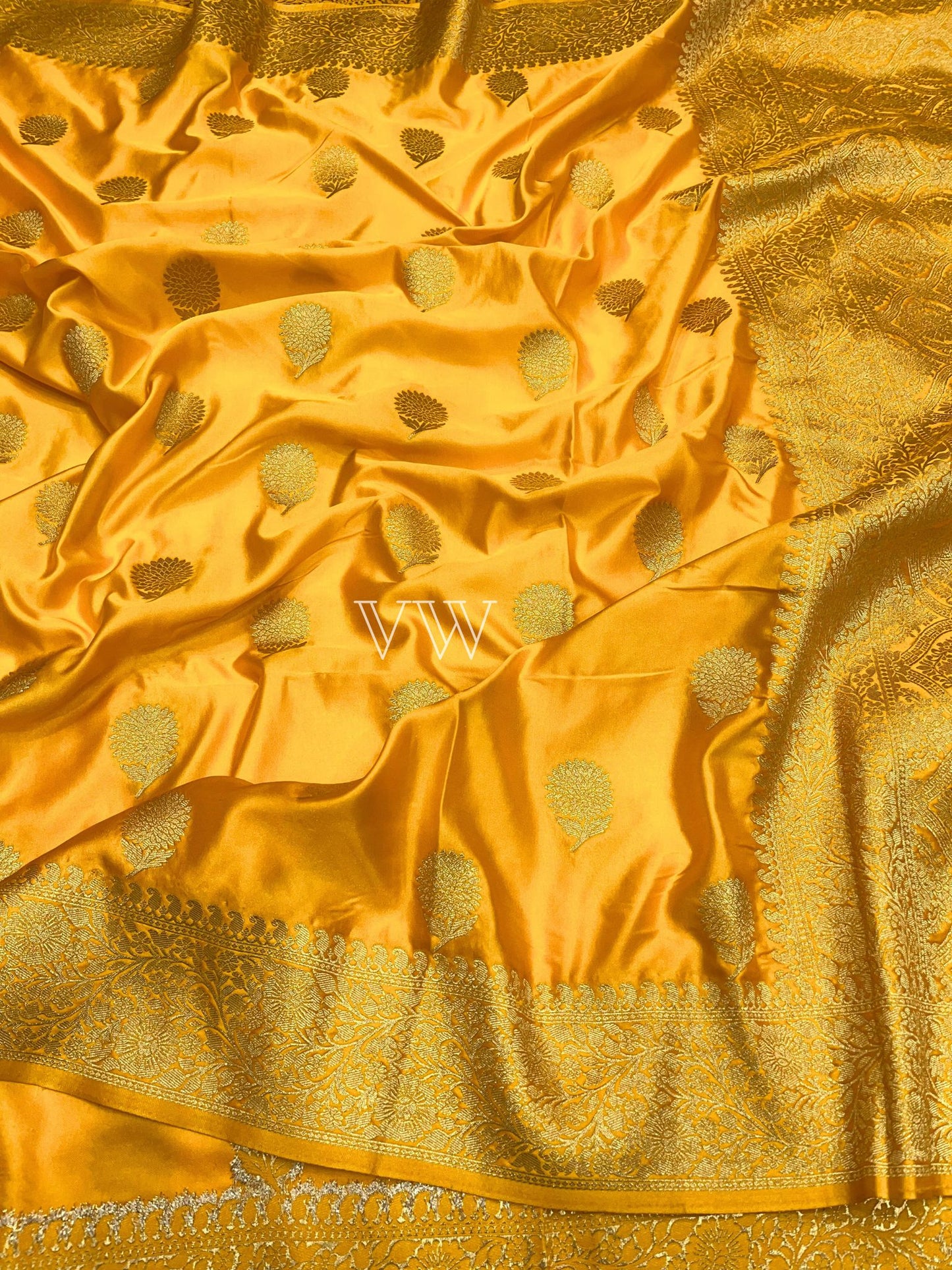 Yellow Mashru Satin Silk Banarasi Saree - Motifs