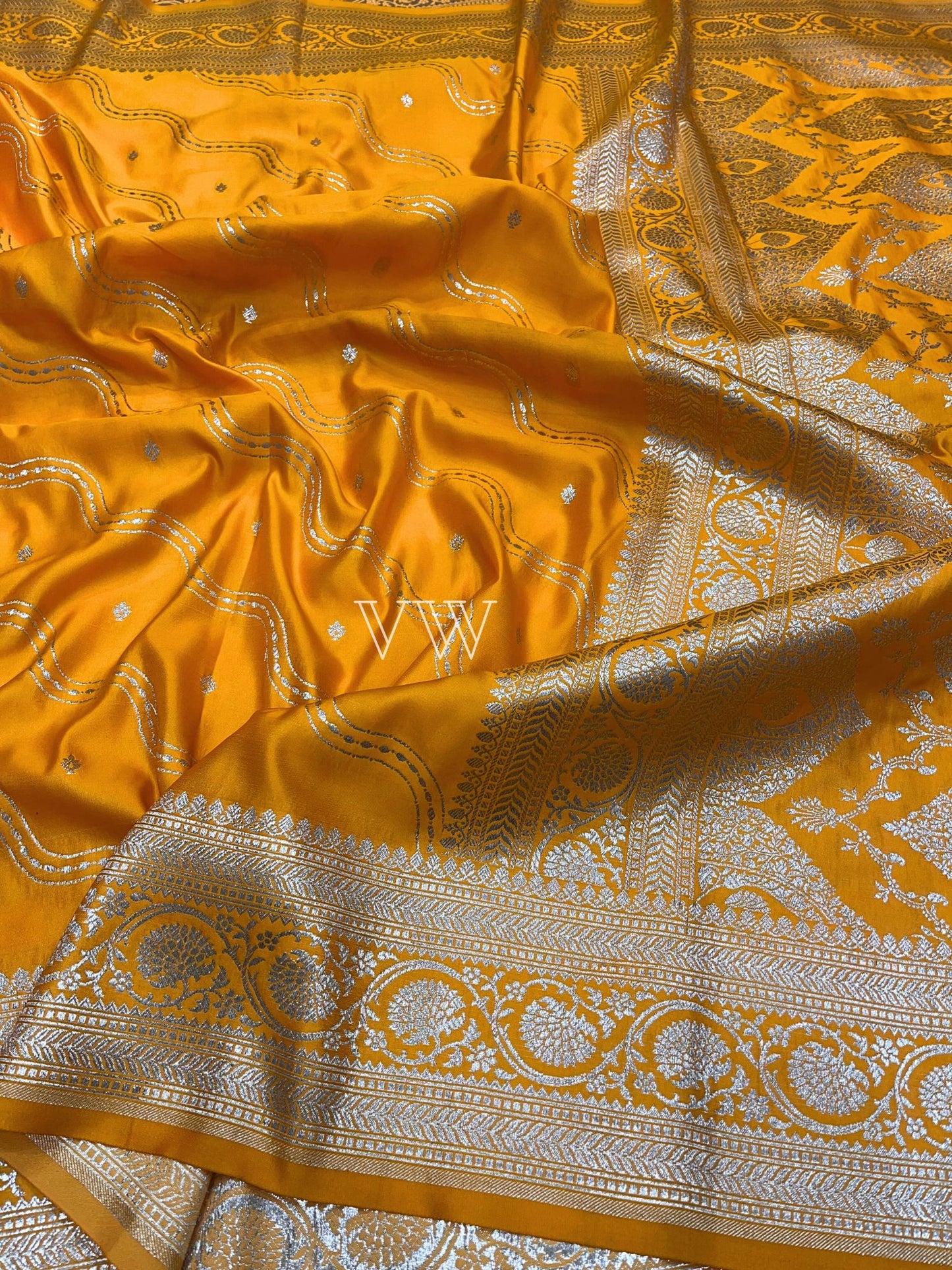 Gold Yellow Mashru Satin Silk Banarasi Saree - Jaal work