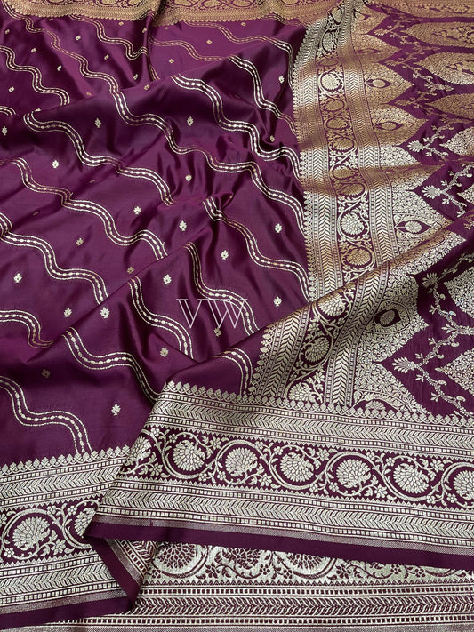 Wine Mashru Satin Silk Banarasi Saree - Jaal work