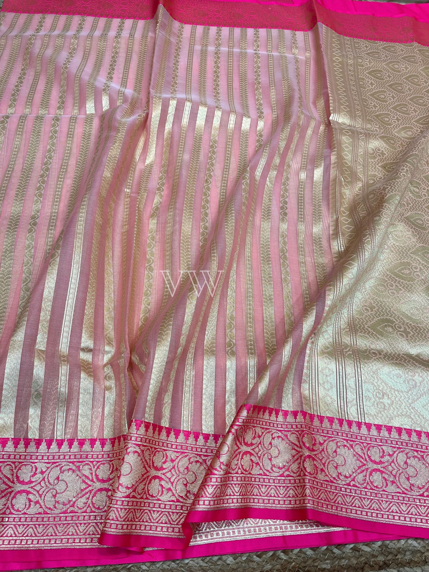 Dual Shade Kora Organza Silk Banarasi Saree - Stripes