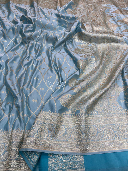 Light blue Mashru Satin Silk Banarasi Saree - Jaal work