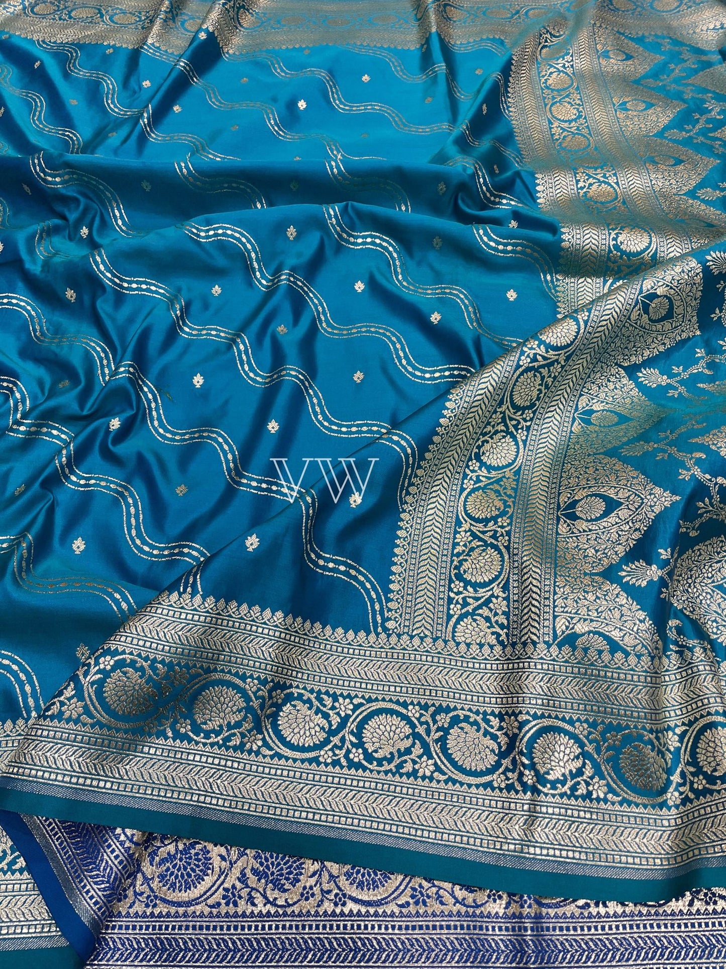 Denim Blue Mashru Satin Silk Banarasi Saree - Jaal work