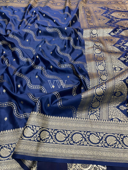 Navy Blue Mashru Satin Silk Banarasi Saree - Jaal work