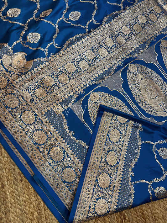 Blue Mashru Satin Silk Banarasi Saree - Jaal work