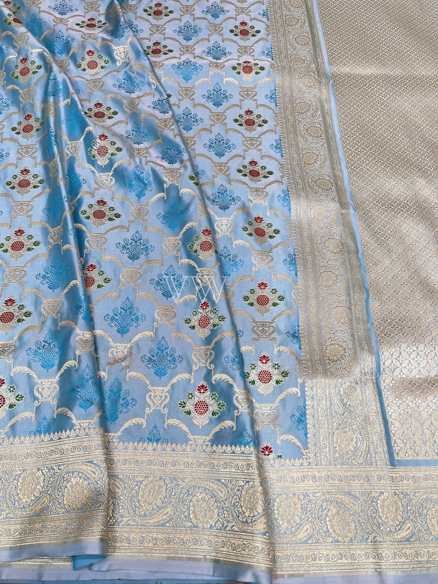 Sky Blue Tanchui Mashru Silk Banarasi Saree - Meenakari