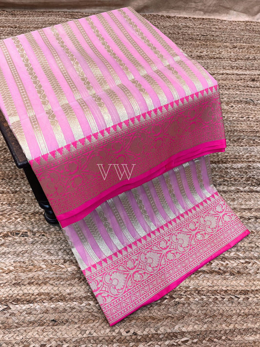 Dual Shade Kora Organza Silk Banarasi Saree - Stripes