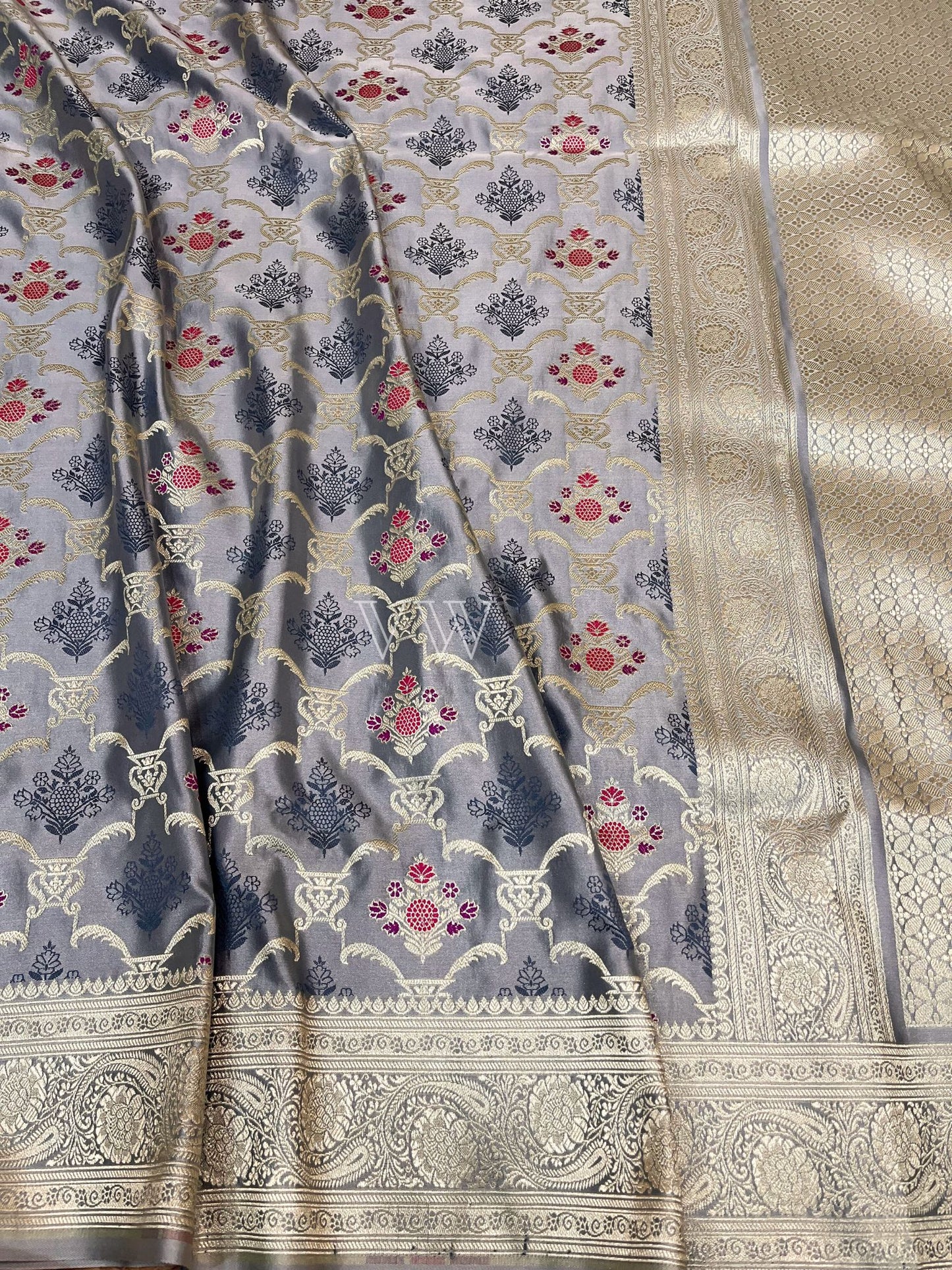 Grey Tanchui Mashru Silk Banarasi Saree - Meenakari