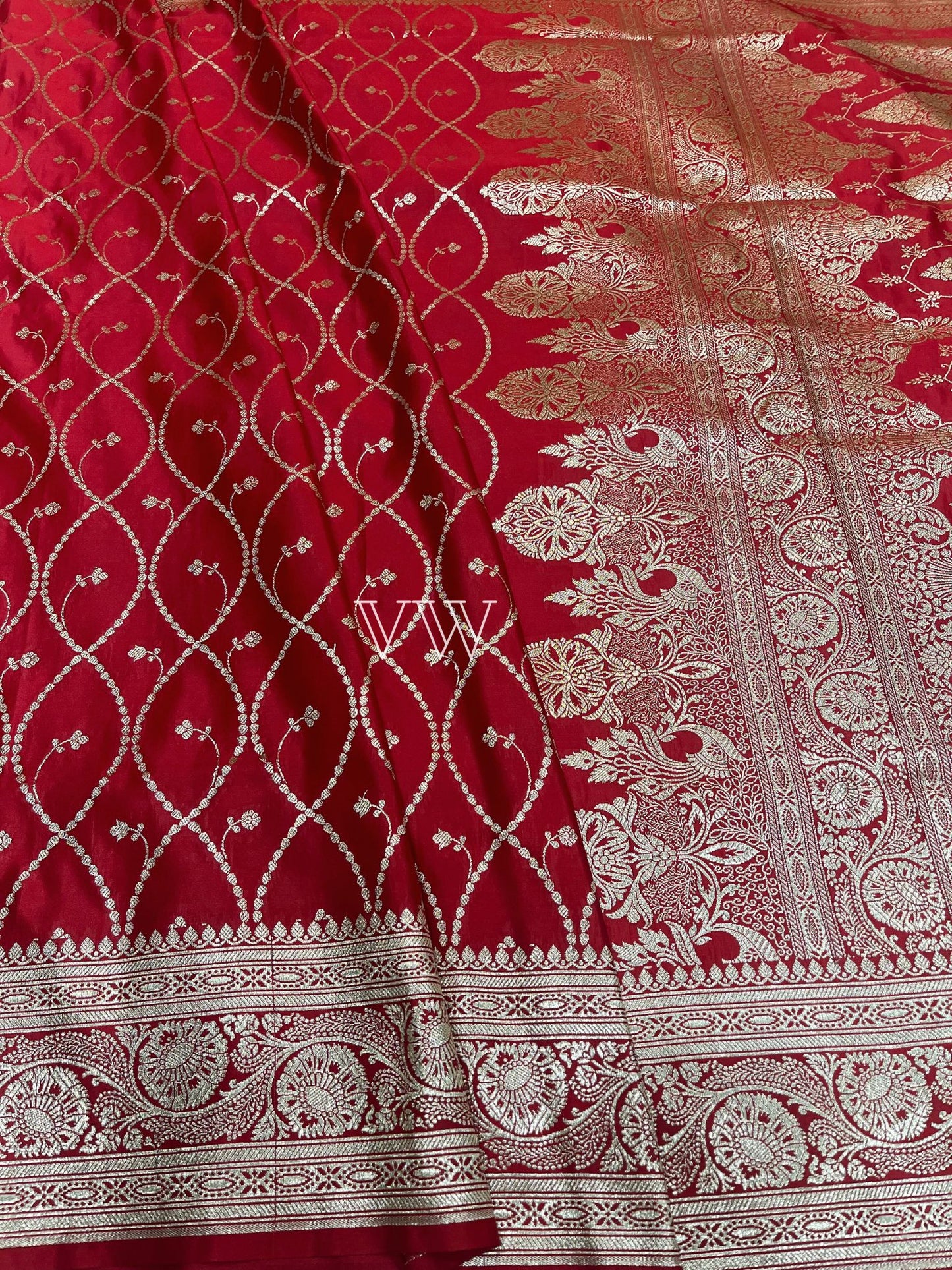 Red Mashru Satin Silk Banarasi Saree - Jaal work