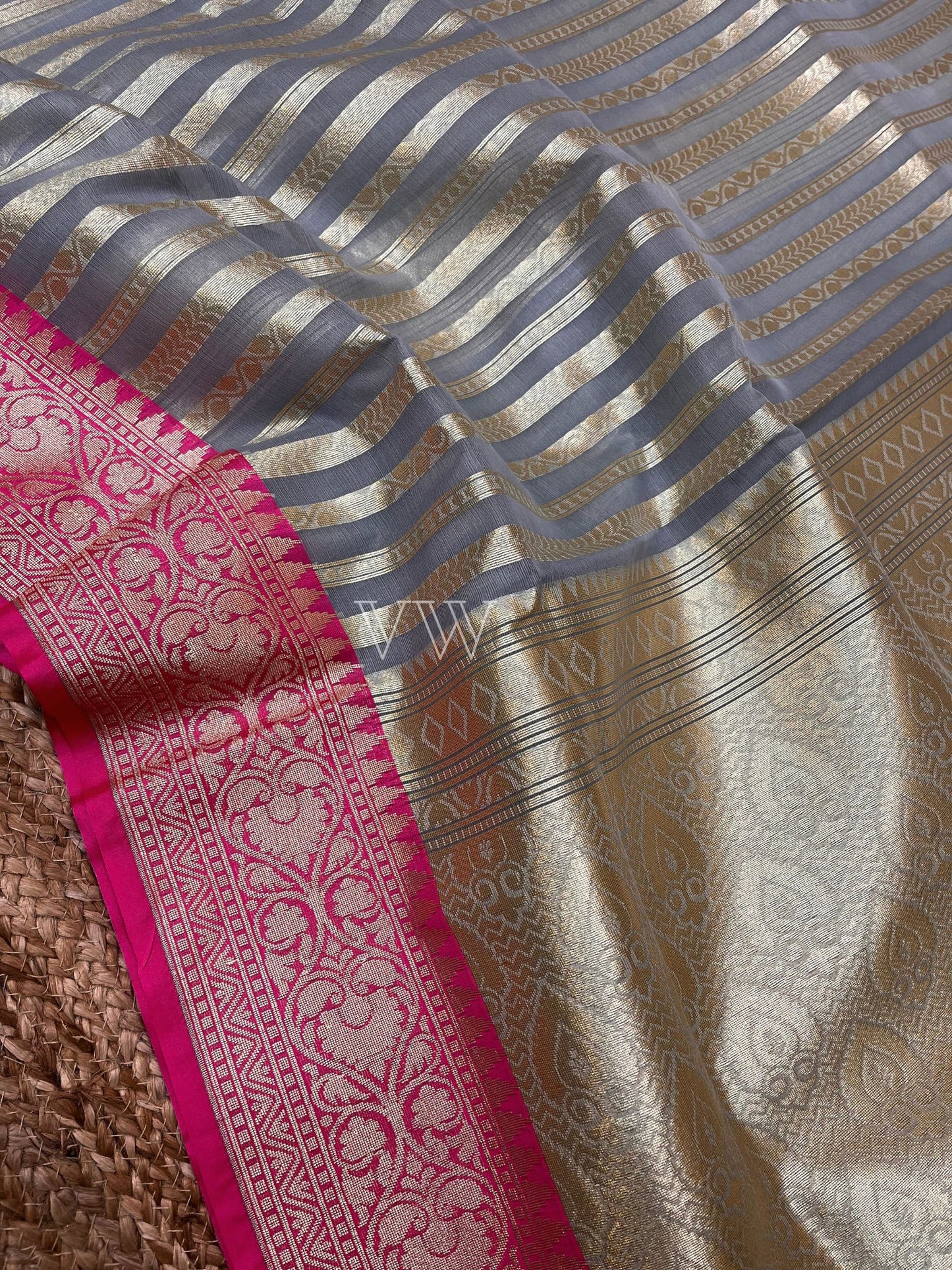 Dual Shade Kora Organza Silk Banarasi Saree - Stripes