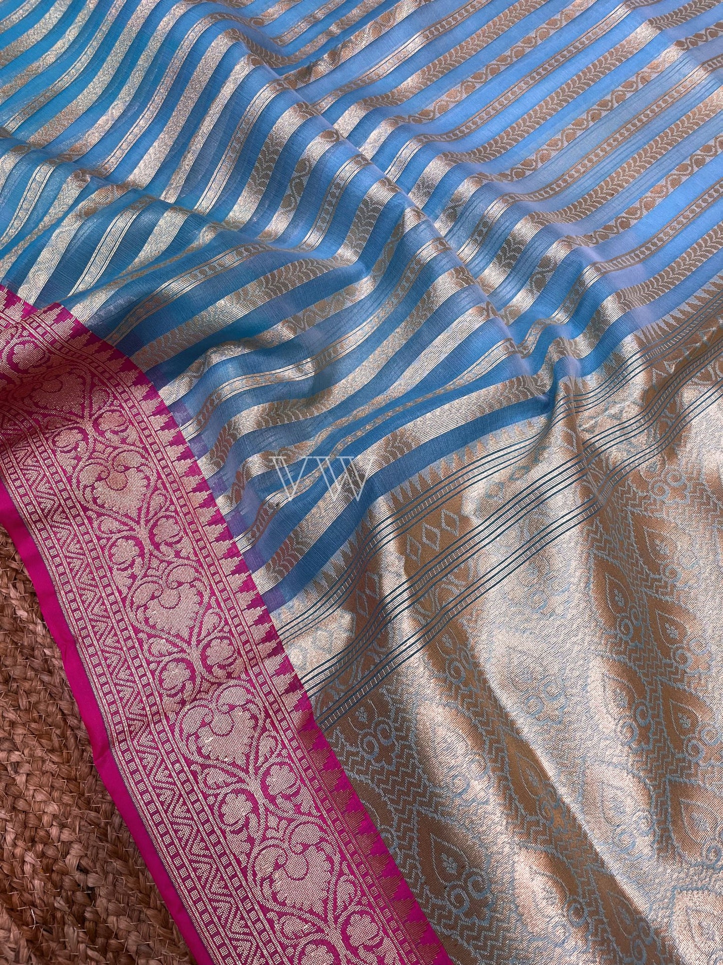 Dual Shade Kora Organza Silk Banarasi Saree - Stripes