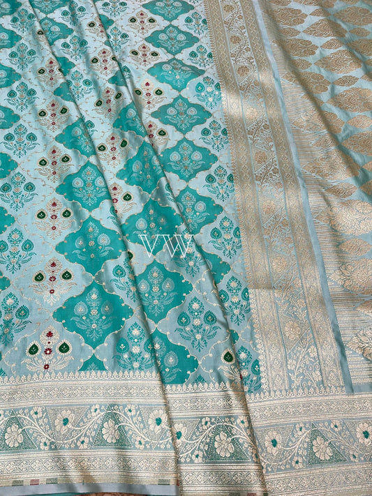 Sea Green Tanchui Mashru Silk Banarasi Saree - Meenakari