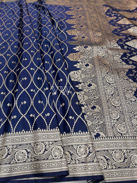 Navy Blue Mashru Satin Silk Banarasi Saree - Jaal work