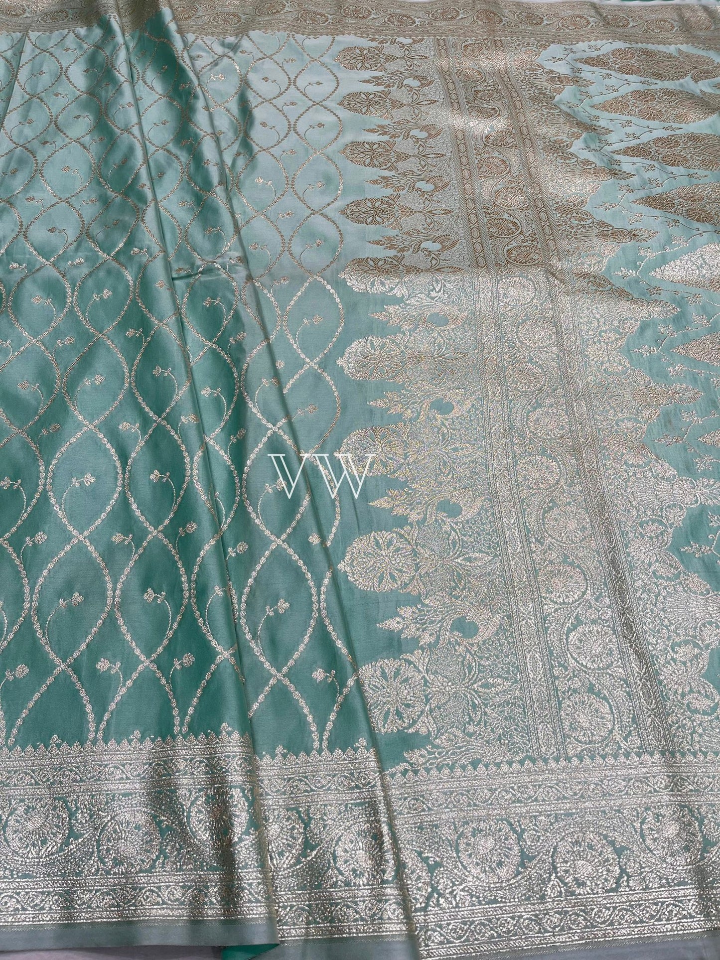 Sea Green Mashru Satin Silk Banarasi Saree - Jaal work