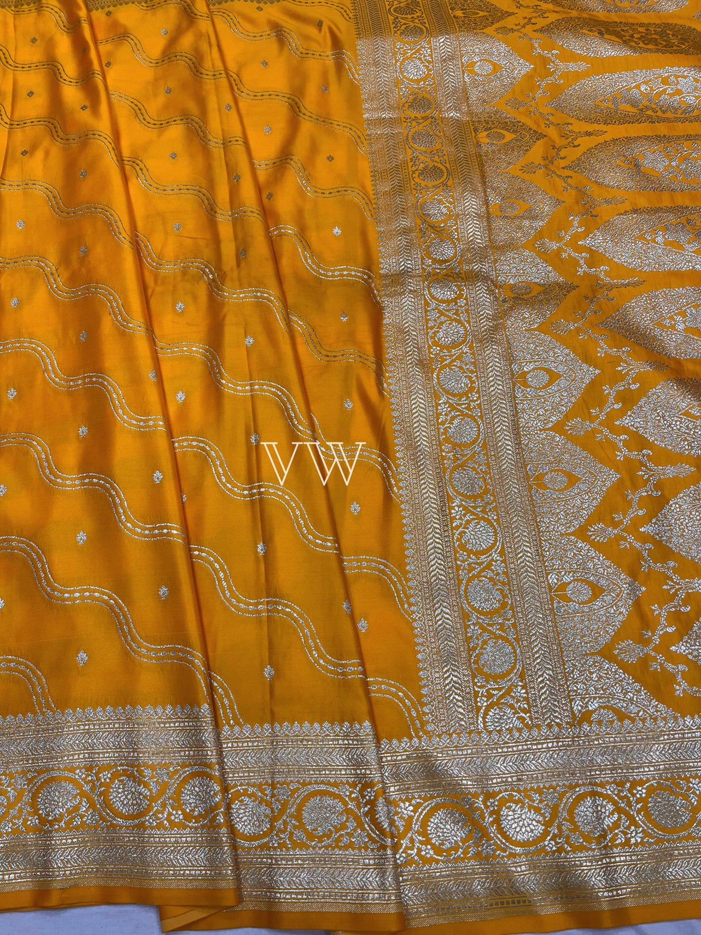 Gold Yellow Mashru Satin Silk Banarasi Saree - Jaal work