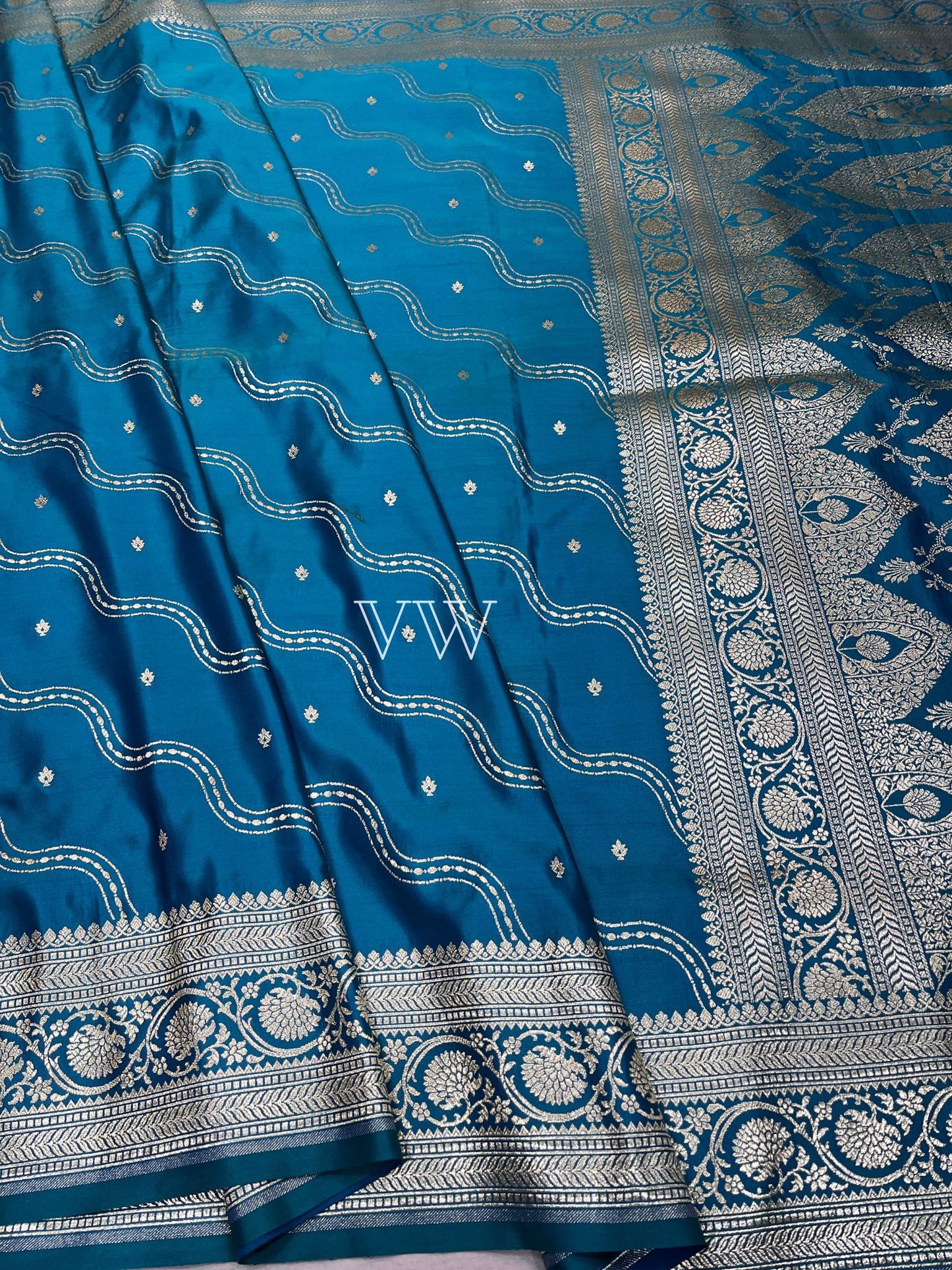 Denim Blue Mashru Satin Silk Banarasi Saree - Jaal work