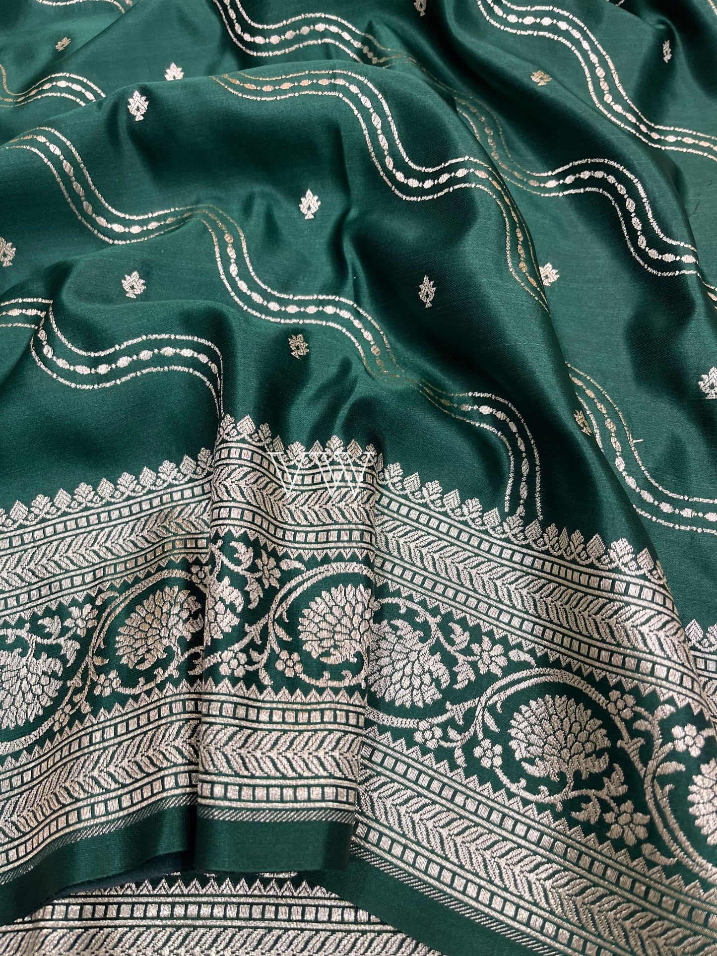 Bottle Green Mashru Satin Silk Banarasi Saree - Jaal work