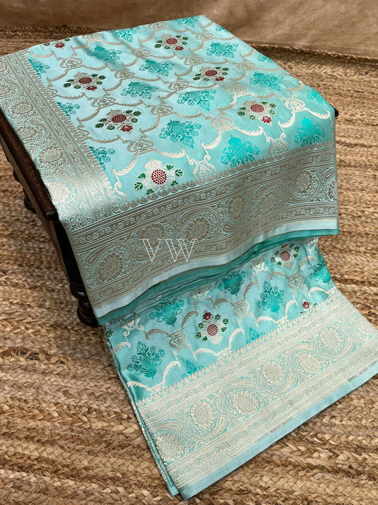 Sea Green Tanchui Mashru Silk Banarasi Saree - Meenakari