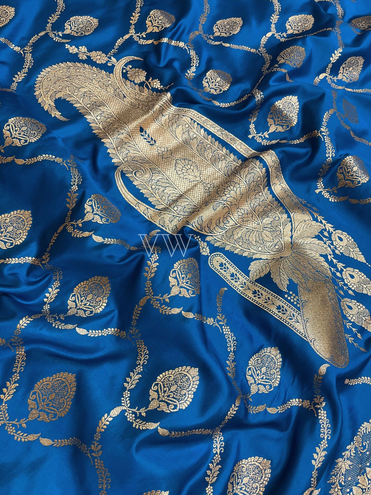 Blue Mashru Satin Silk Banarasi Saree - Jaal work