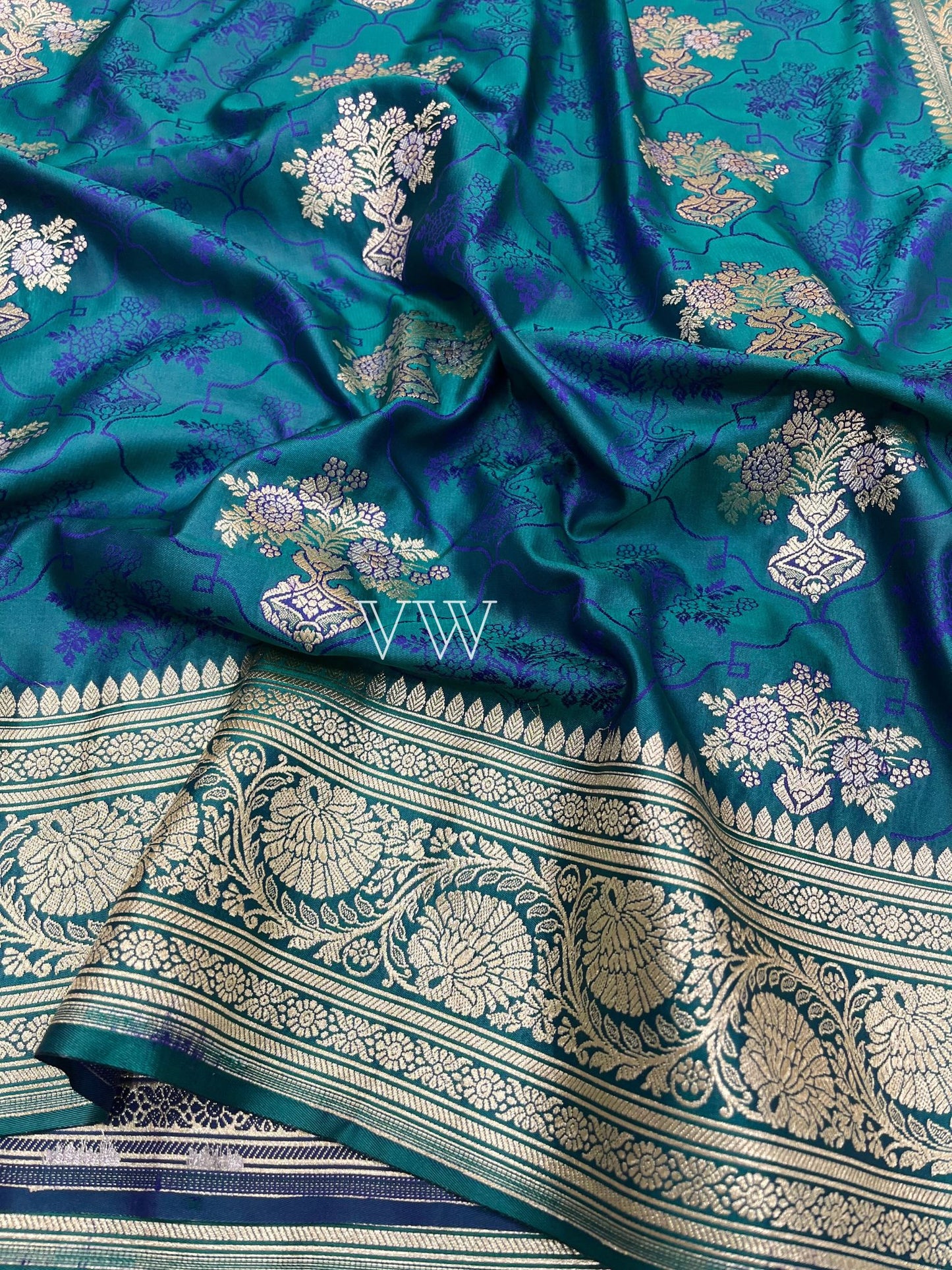 German Blue Tanchui Mashru Silk Banarasi Saree - Meenakari