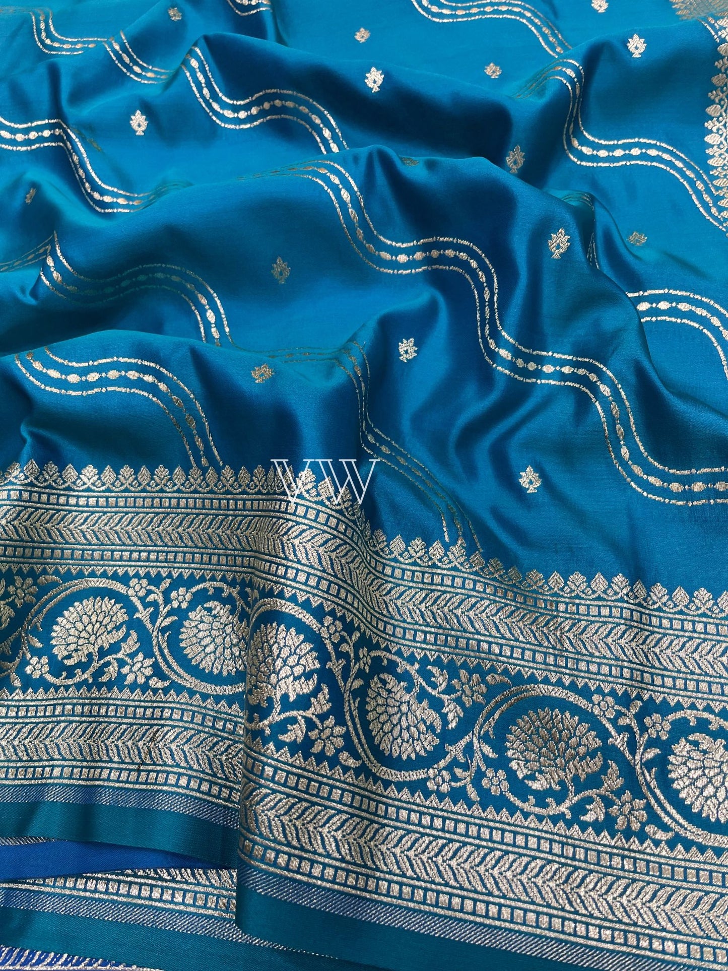 Denim Blue Mashru Satin Silk Banarasi Saree - Jaal work