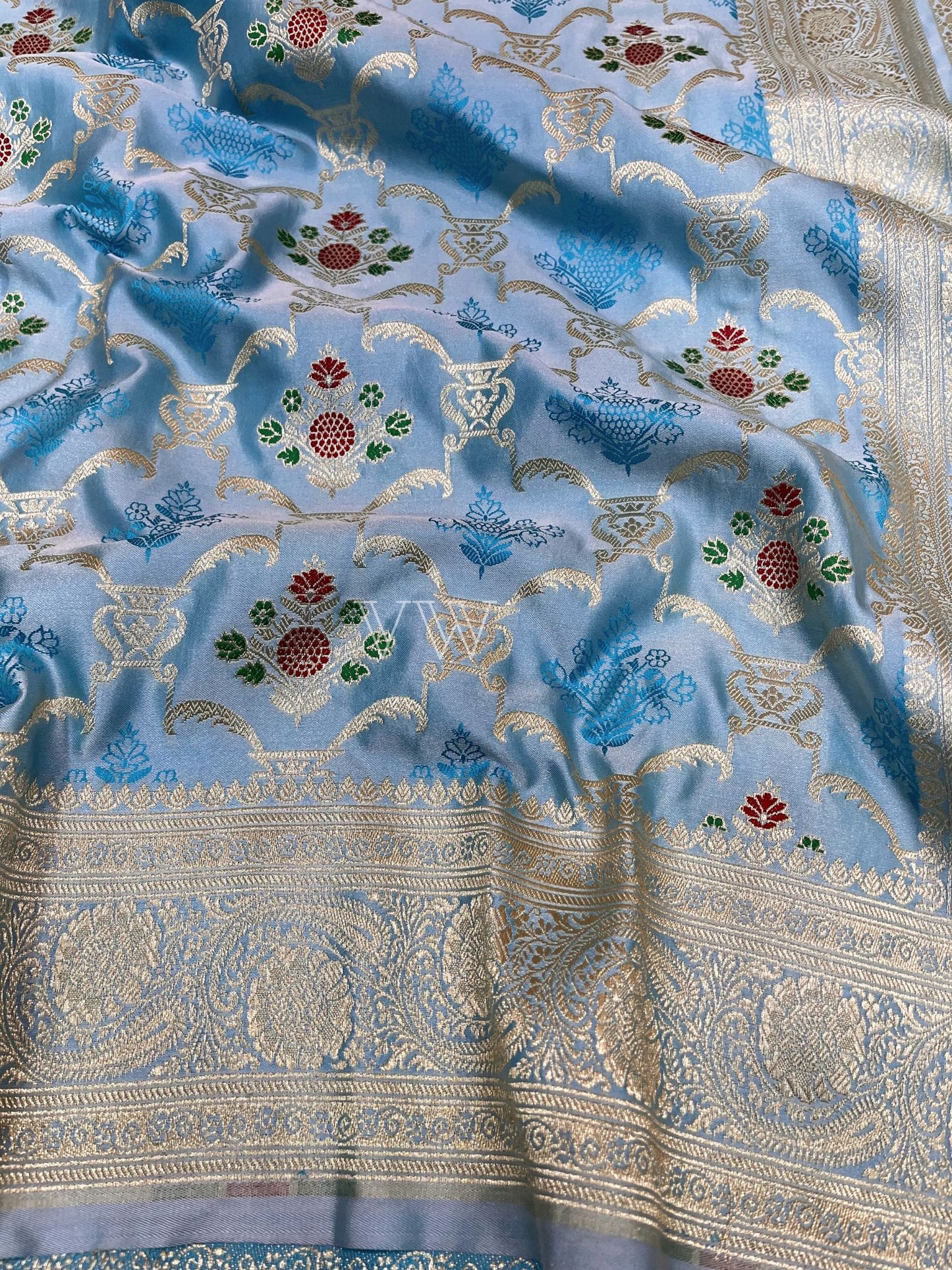 Sky Blue Tanchui Mashru Silk Banarasi Saree - Meenakari