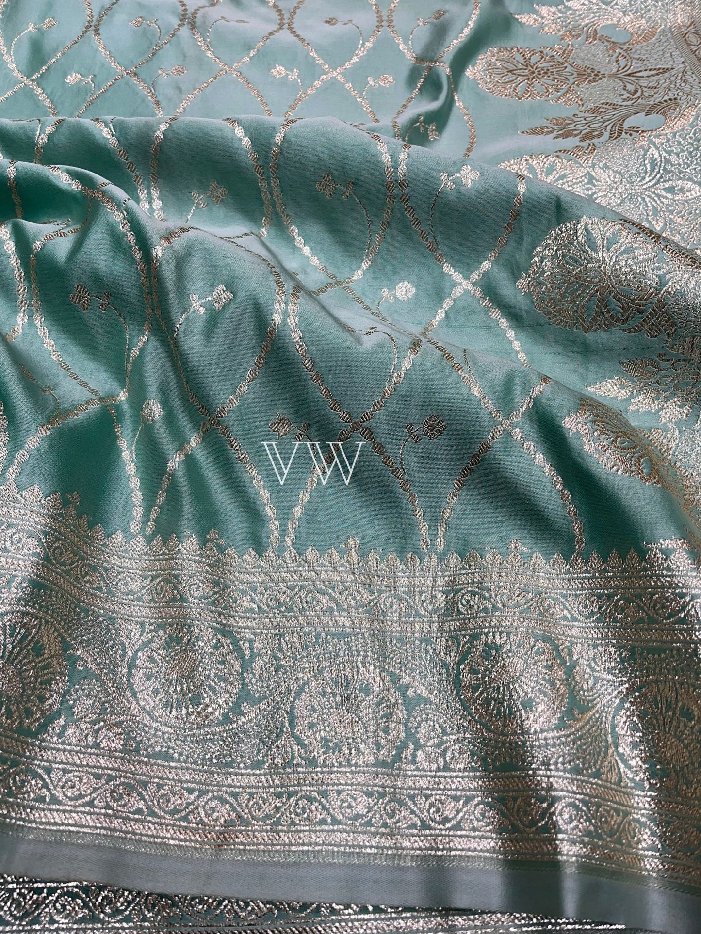 Sea Green Mashru Satin Silk Banarasi Saree - Jaal work