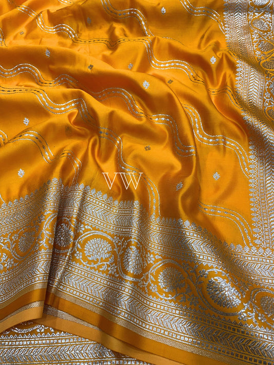 Gold Yellow Mashru Satin Silk Banarasi Saree - Jaal work