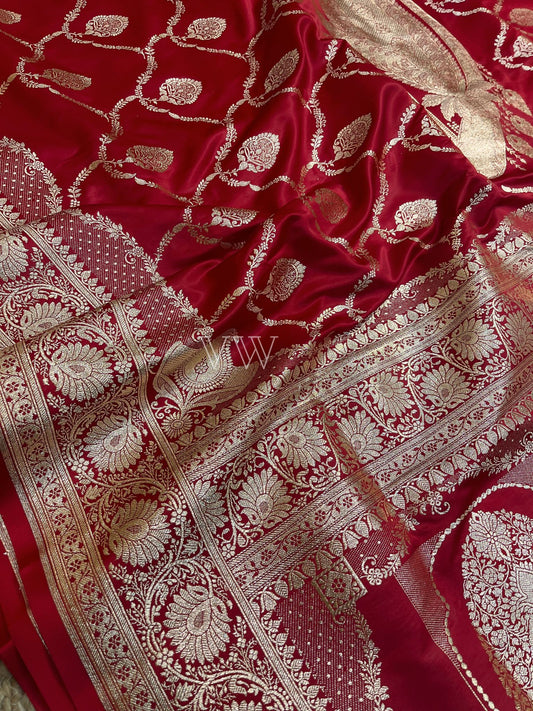 Red Mashru Satin Silk Banarasi Saree - Jaal work