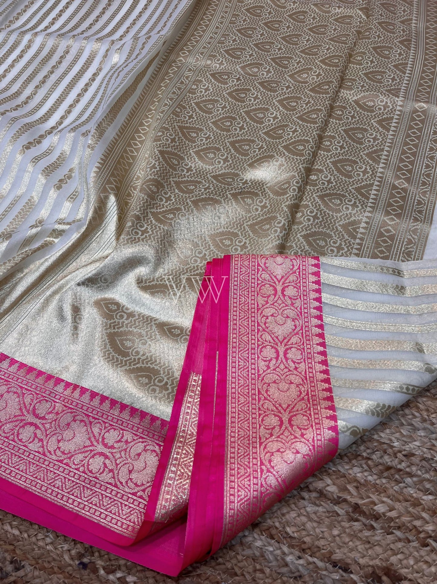 Dual Shade Kora Organza Silk Banarasi Saree - Stripes