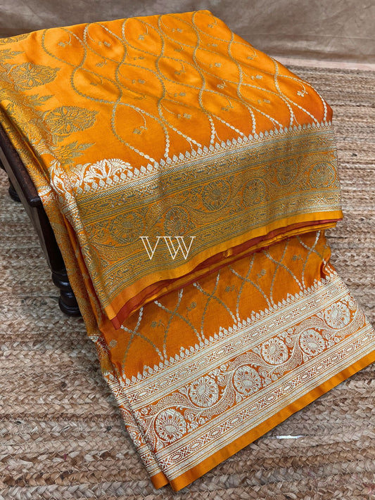 Mustard Mashru Satin Silk Banarasi Saree - Jaal work