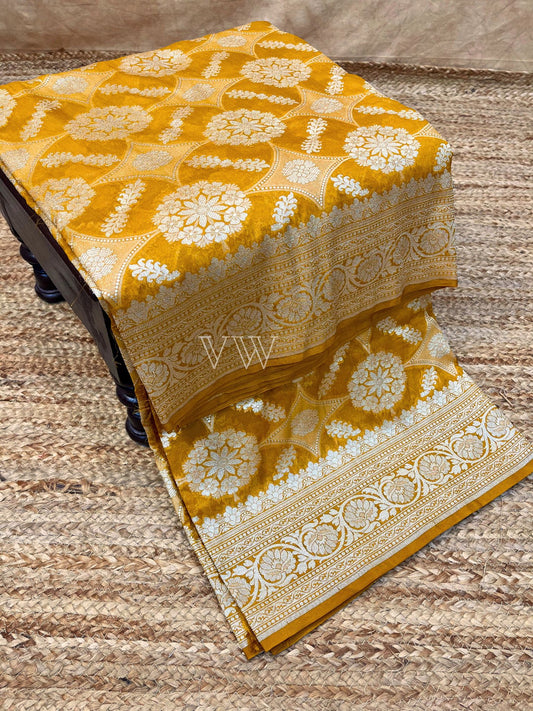 Mustard Yellow Georgette Silk Banarasi Saree - Water Zari