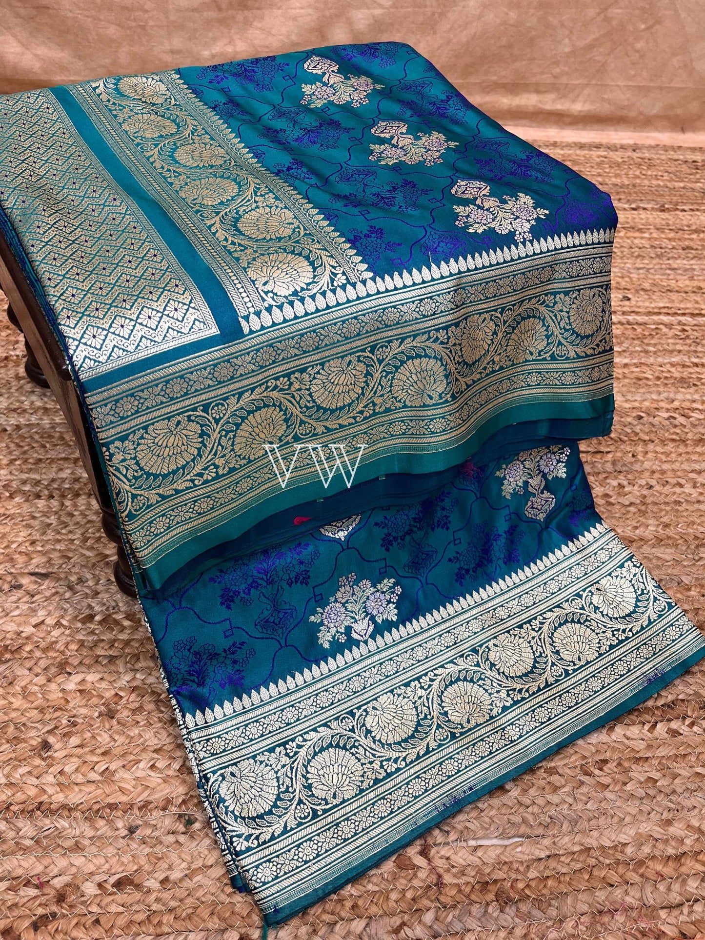 German Blue Tanchui Mashru Silk Banarasi Saree - Meenakari