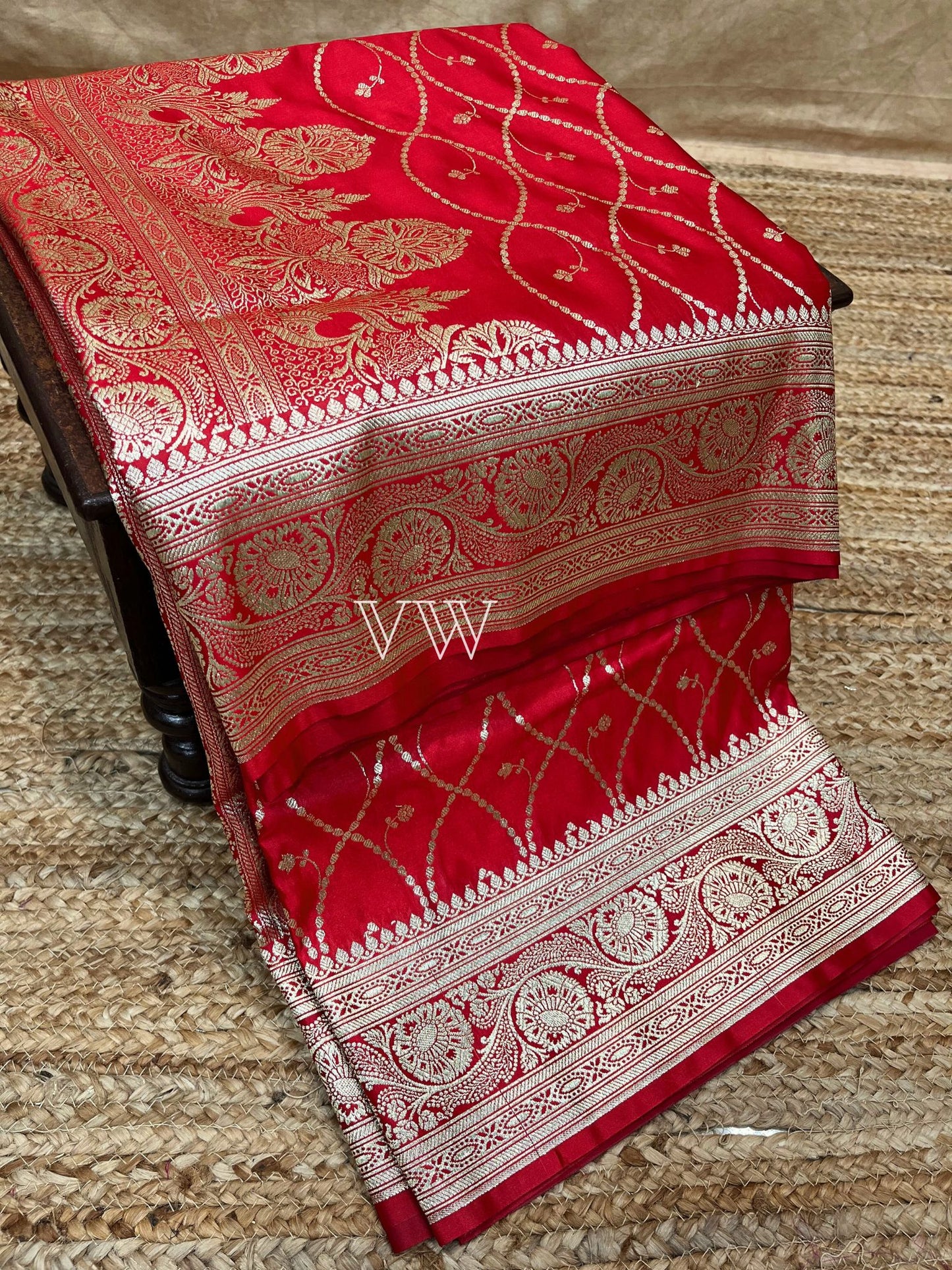 Red Mashru Satin Silk Banarasi Saree - Jaal work