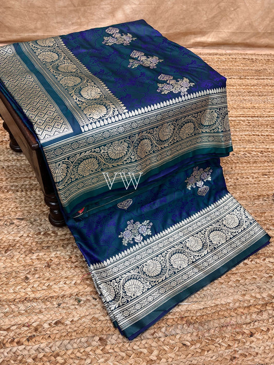 Peacock Blue Tanchui Mashru Silk Banarasi Saree - Meenakari