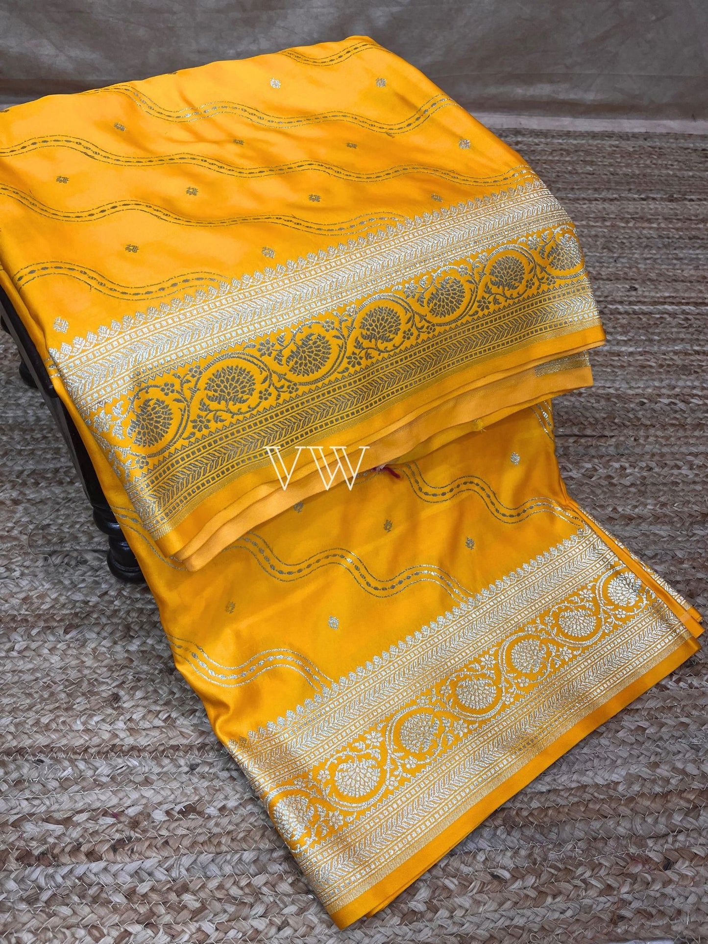 Gold Yellow Mashru Satin Silk Banarasi Saree - Jaal work