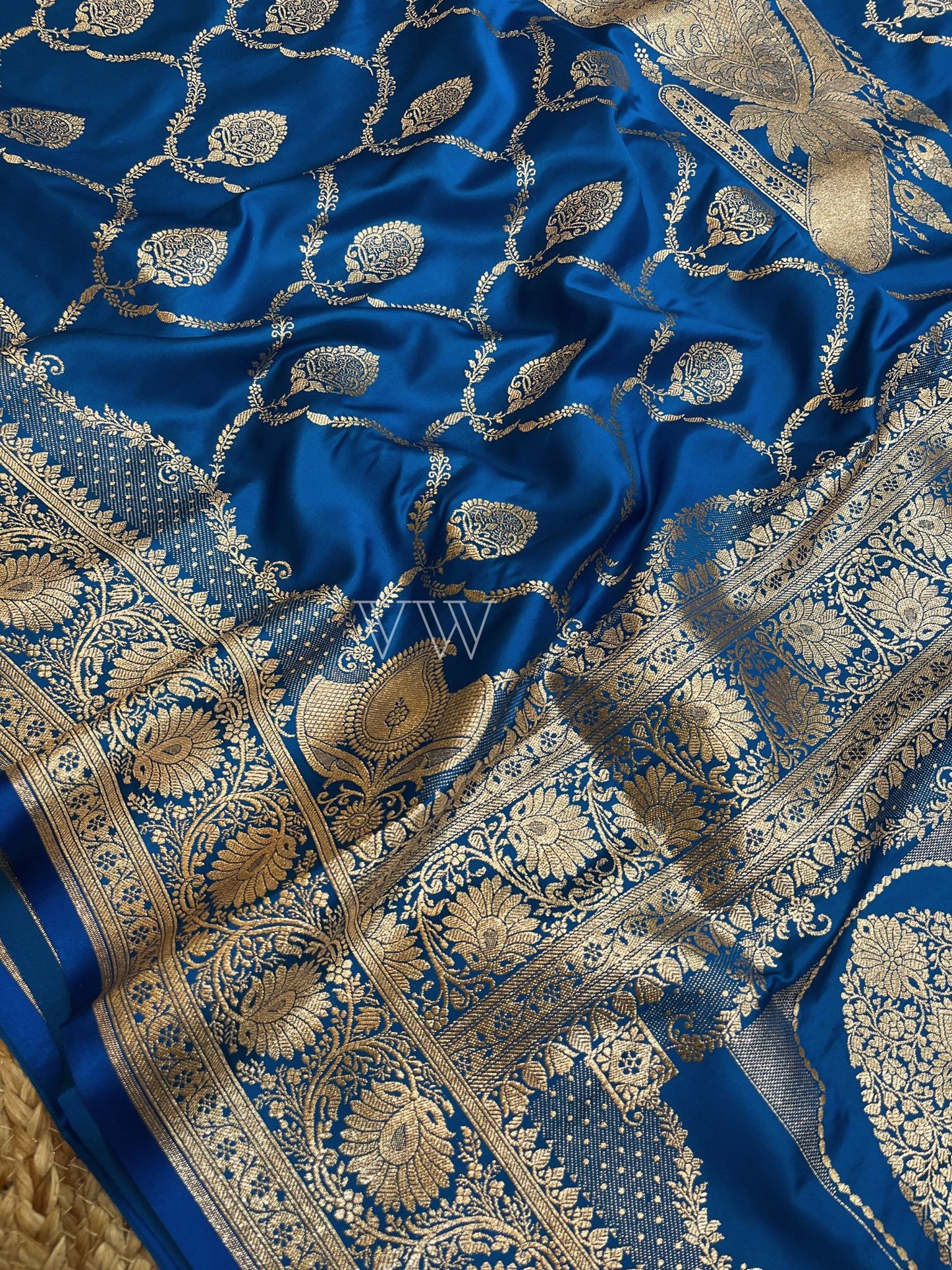 Blue Mashru Satin Silk Banarasi Saree - Jaal work