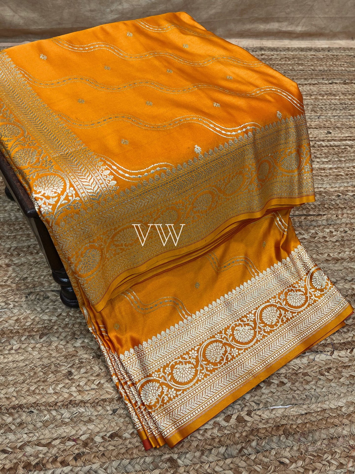 Mustard Yellow Mashru Satin Silk Banarasi Saree - Jaal work