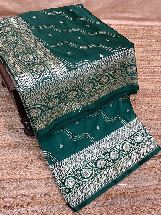 Bottle Green Mashru Satin Silk Banarasi Saree - Jaal work