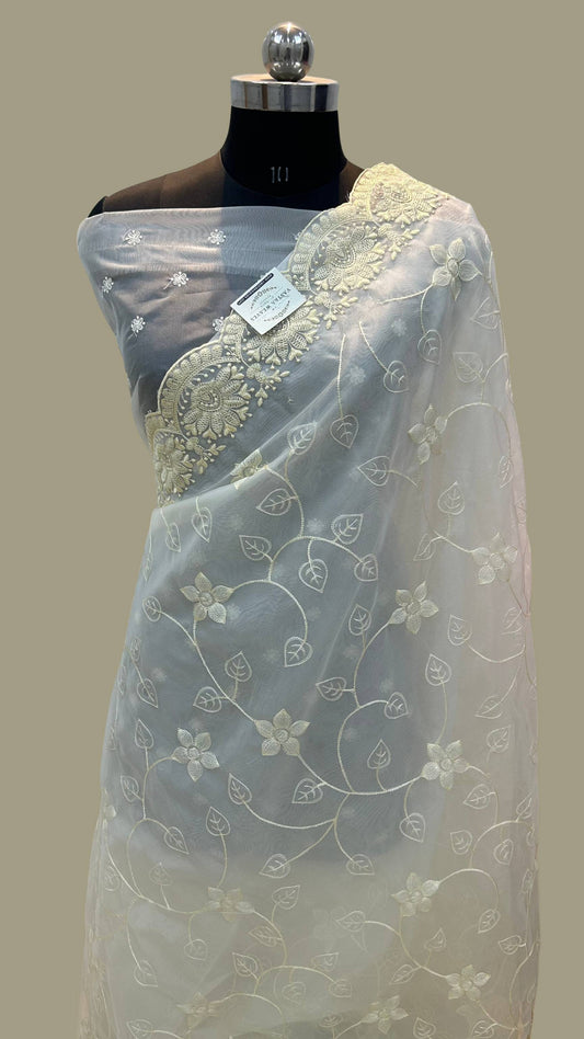 Organza Silk Banarasi Saree - with chikankari all over