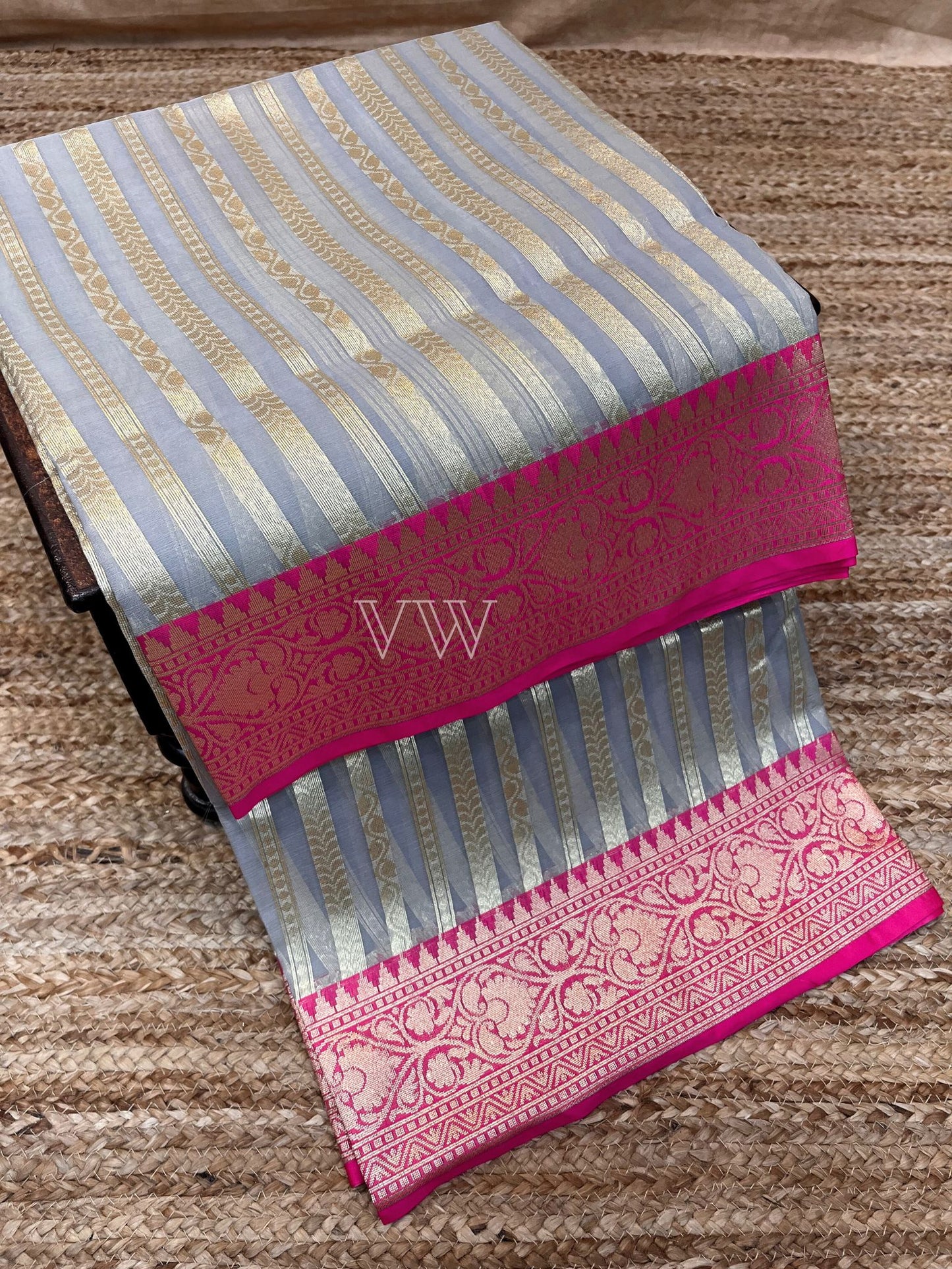 Dual Shade Kora Organza Silk Banarasi Saree - Stripes