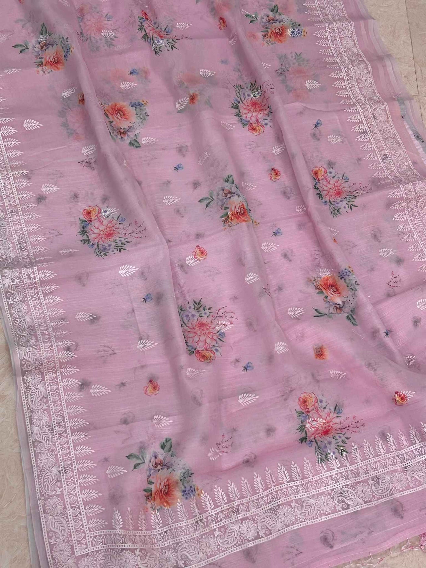 Organza Silk Banarasi Saree - digital print with chikankari